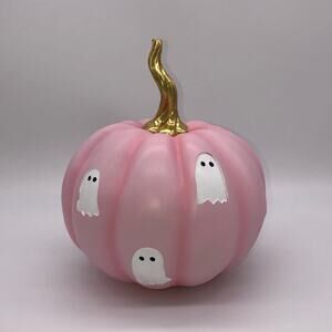 Pink Ghost Pumpkin With Gold Stem Candy Corn Lane 11.5” New Halloween